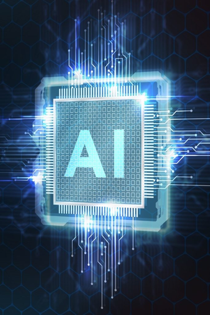 Glowing computer chip labeled AI with circuits, illustrating AI solutions in Greenwich.
