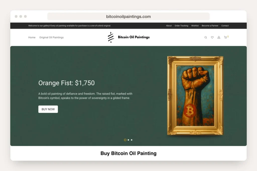 Browser window showing bitcoinoilpaintings.com home page in Greenwich work examples