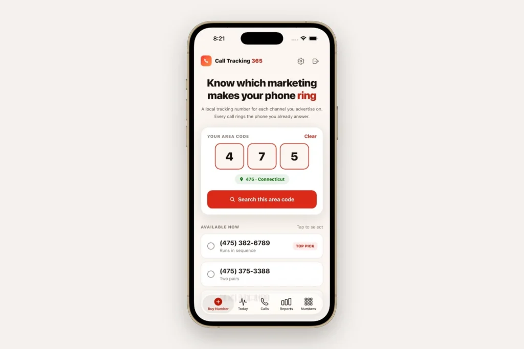 Gold iPhone displays the Call Tracking 365 app screen for Greenwich.