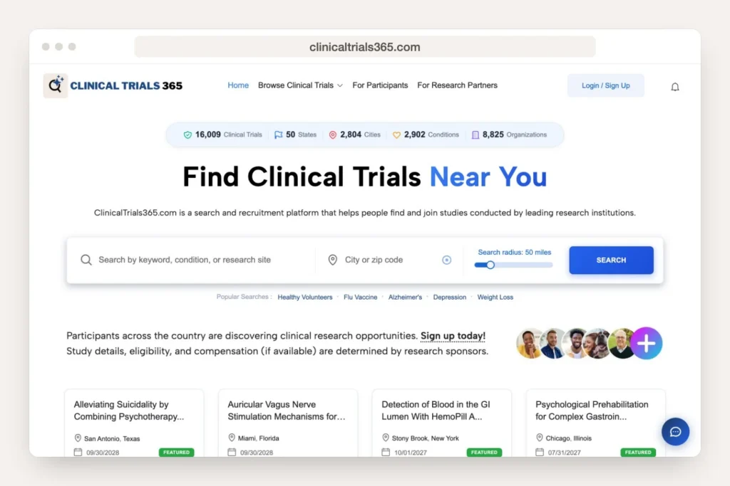 Browser window displaying clinicaltrials365.com home page for Greenwich case studies
