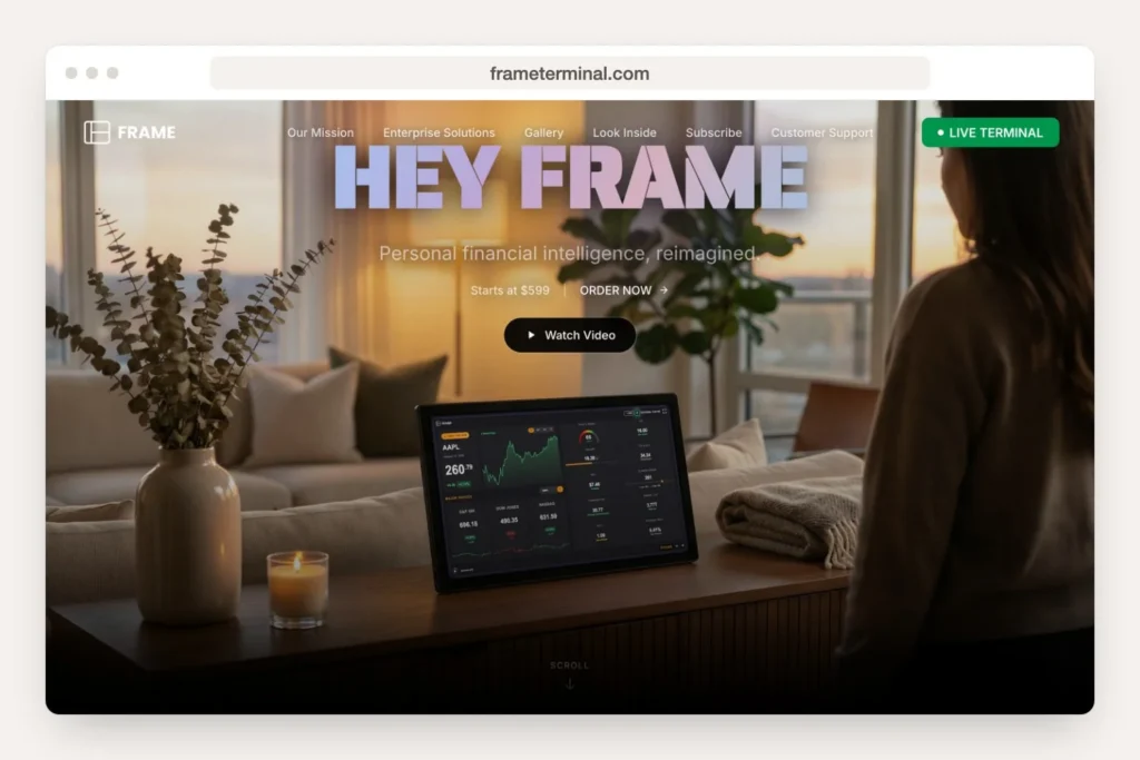 Browser window showing frameterminal.com home page in Greenwich work showcase