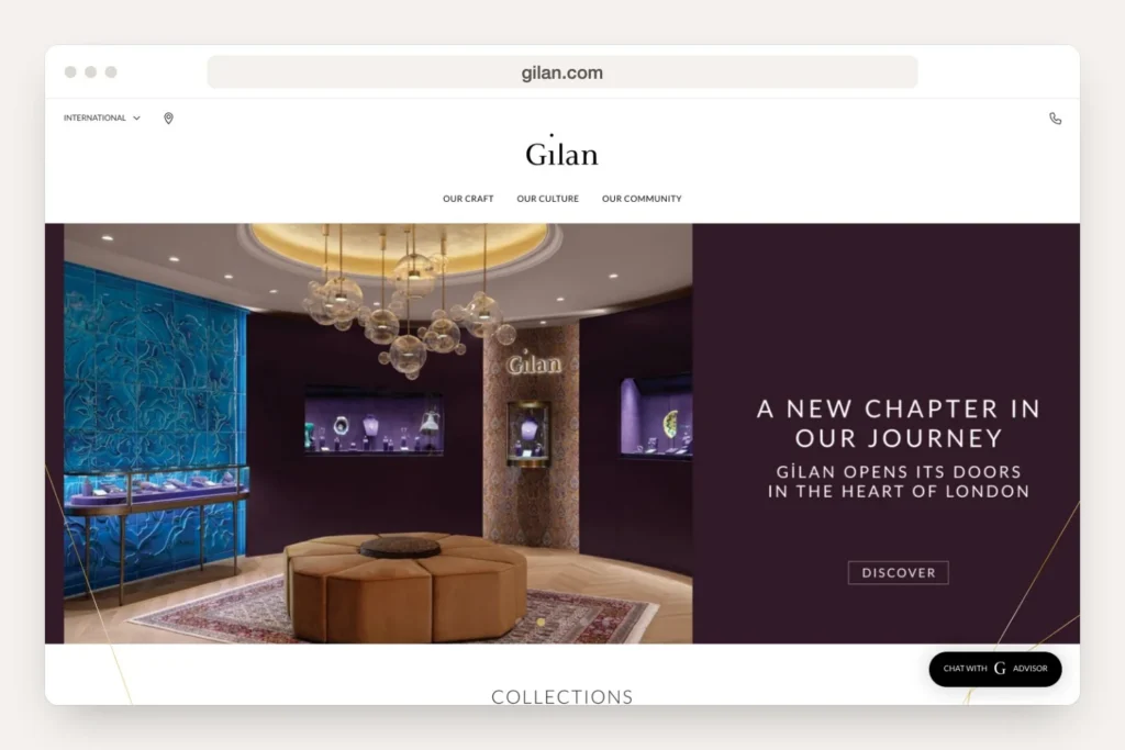 Gilan.com home page is visible within a desktop browser window in Greenwich.