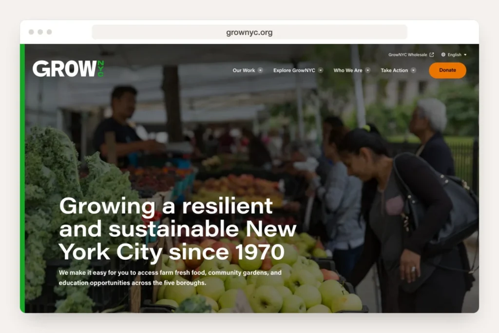 Browser window presents the GrowNYC.org home page for Greenwich web work.