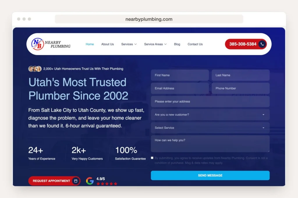 Browser window displaying nearbyplumbing.com home page for Greenwich recent work