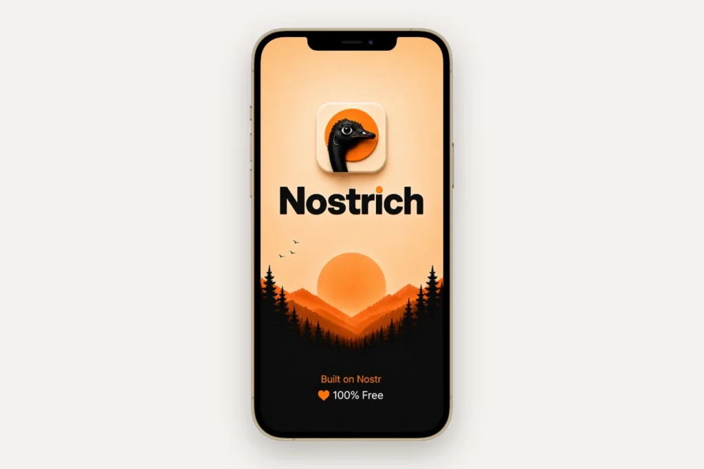 Nostrich app splash screen shown on a gold iPhone in Greenwich