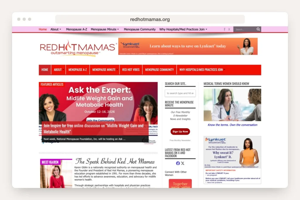A desktop browser window displays the RedHotMamas.org home page for Greenwich.