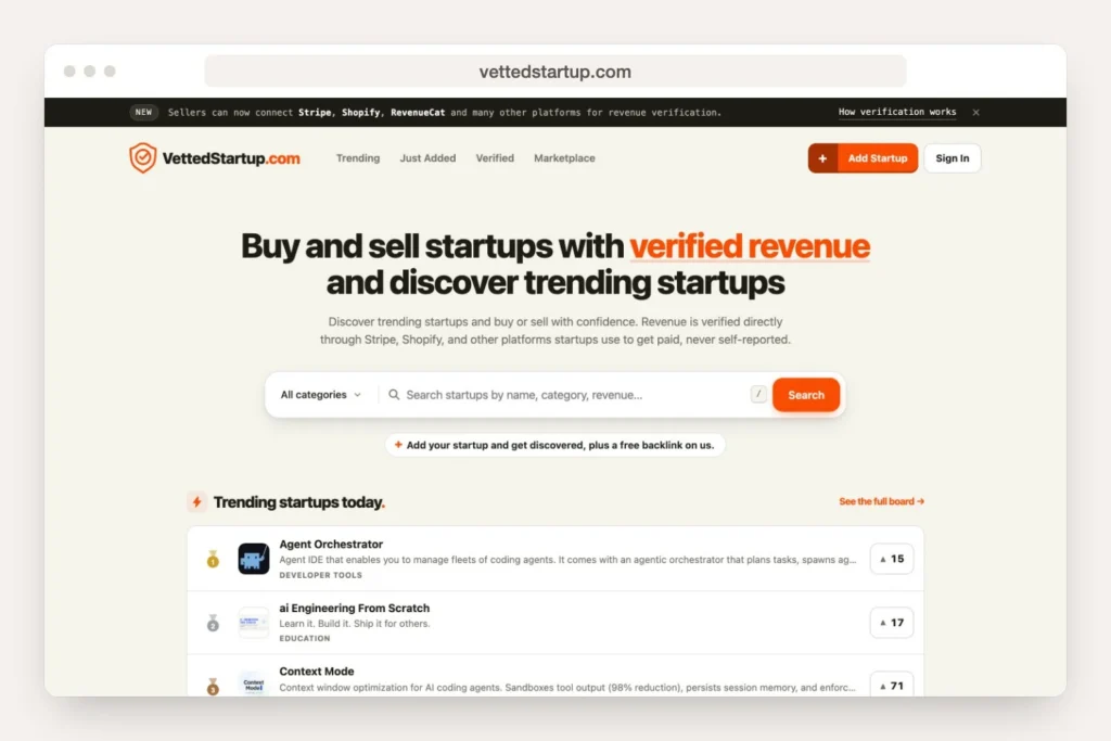 Browser window showing vettedstartup.com home page in Greenwich recent work