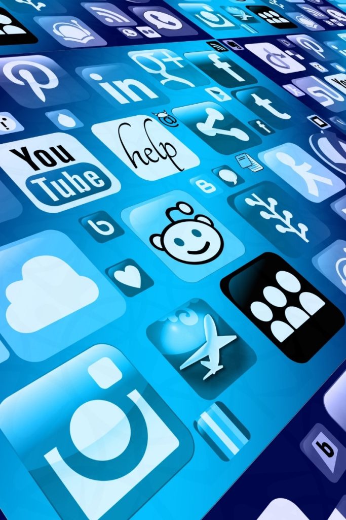 Social platform icons on a blue screen