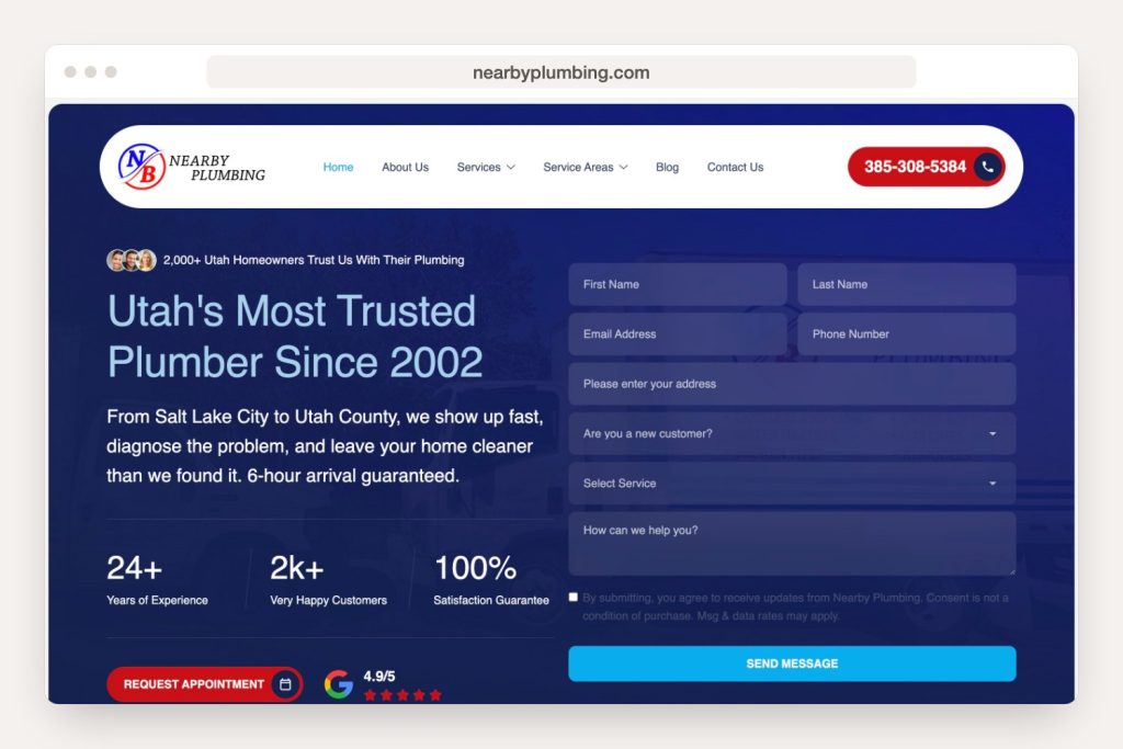 Home page of nearbyplumbing.com shown in a browser window