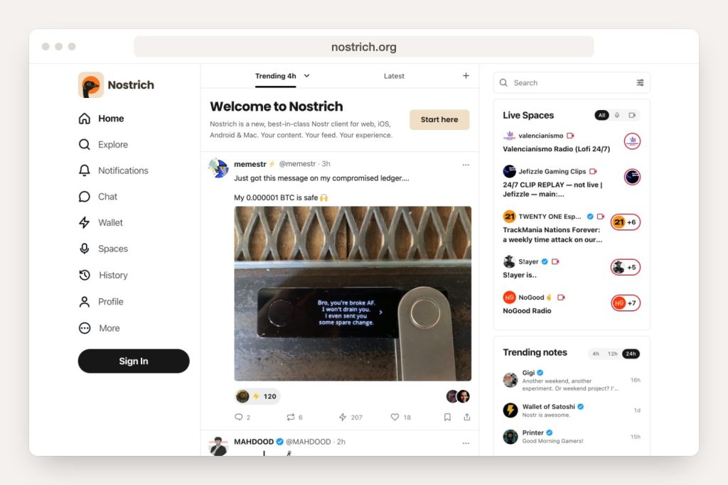 Home page of nostrich.org shown in a browser window