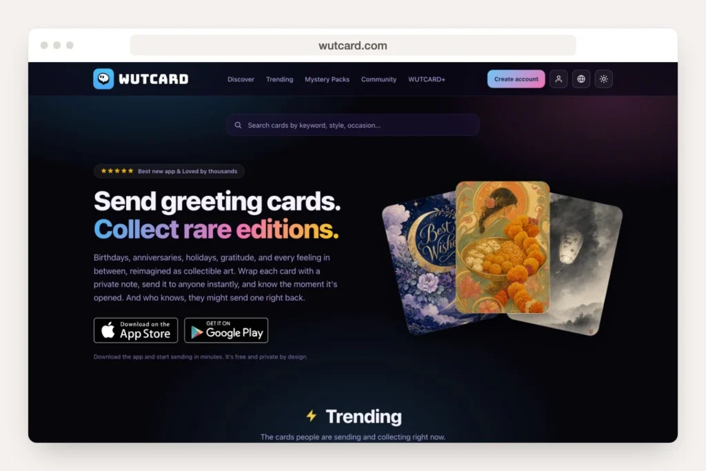 Browser window showing wutcard.com home page in Greenwich recent work