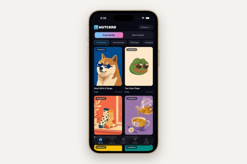 WUTCARD app home screen displayed on a gold iPhone in Greenwich